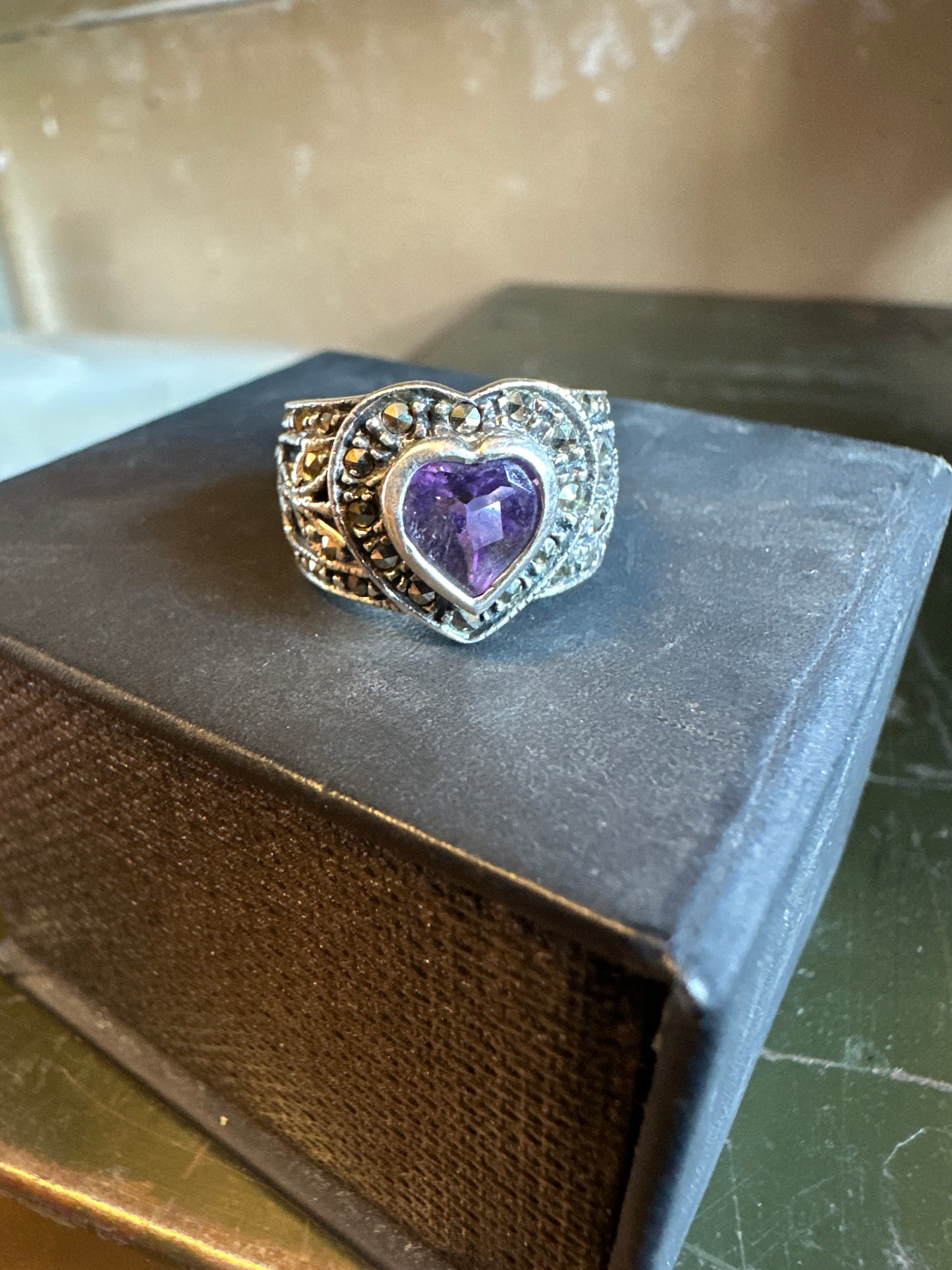 Sterling Silver .925 Heart-Shaped Amethyst Ring w/ Wide Ornate Band & Gemstone Accents
