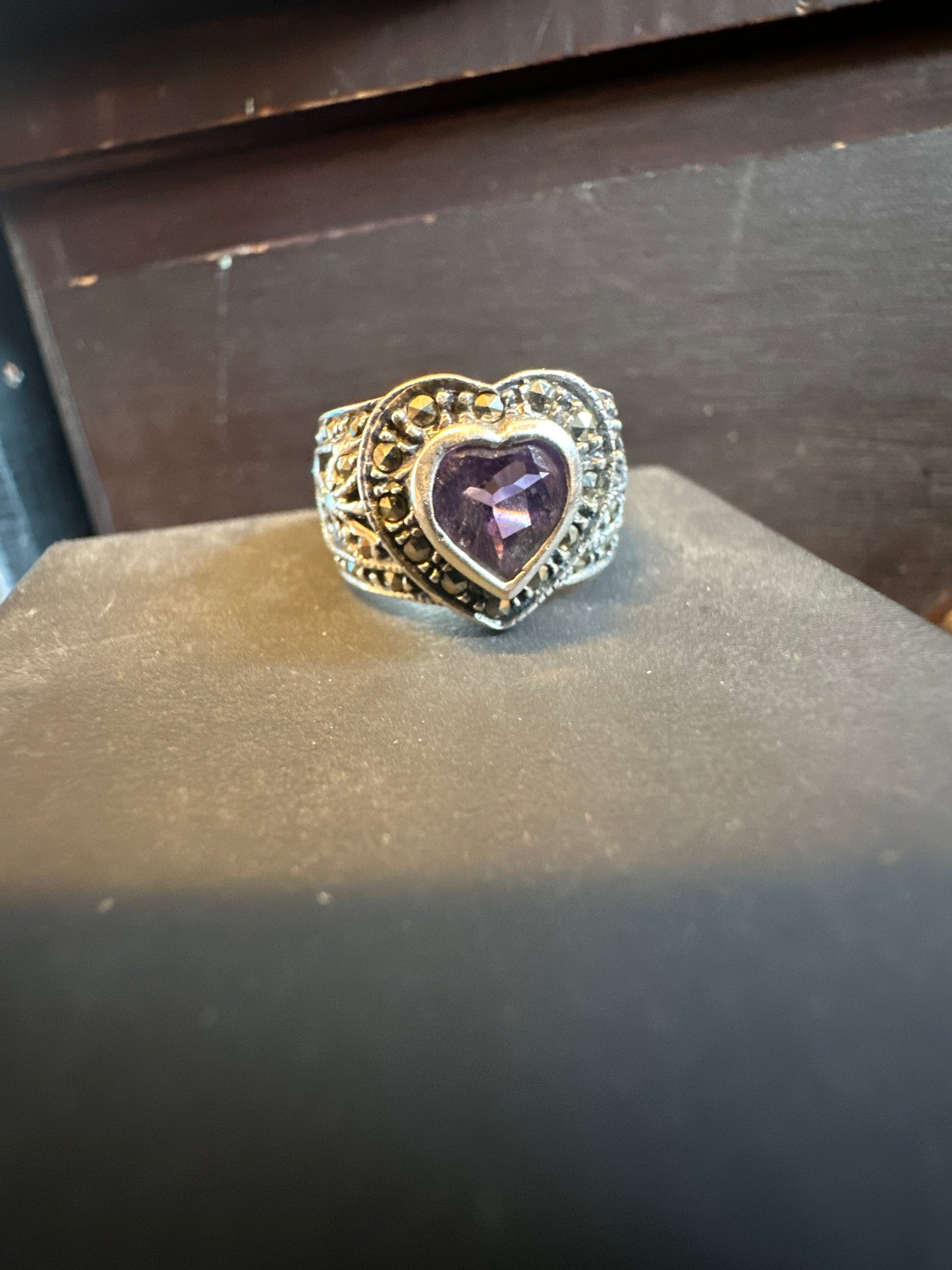 Sterling Silver .925 Heart-Shaped Amethyst Ring w/ Wide Ornate Band & Gemstone Accents