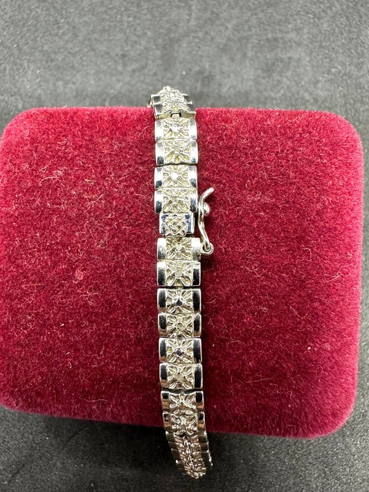 Vintage Sterling Silver Square Cubic Zirconia Single Links Tennis Bracelet Marked RSE 925 w/ Open Box Clasp
