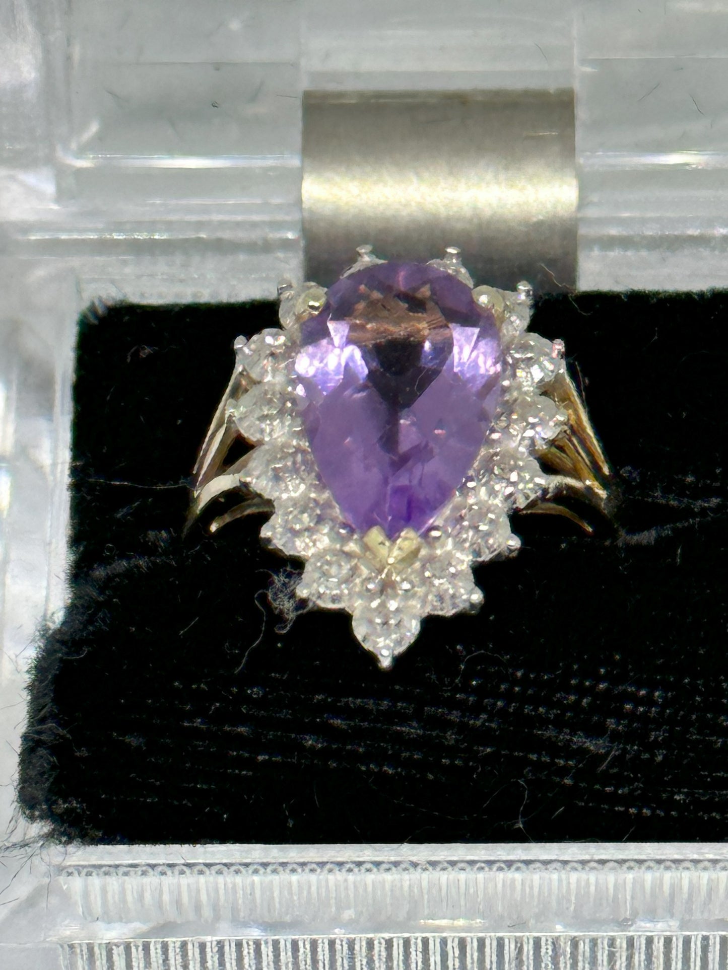 Vintage Pear Shaped Cut Amethyst 14K Yellow Gold Ring w/ 9K White Gold and Diamonds Surround