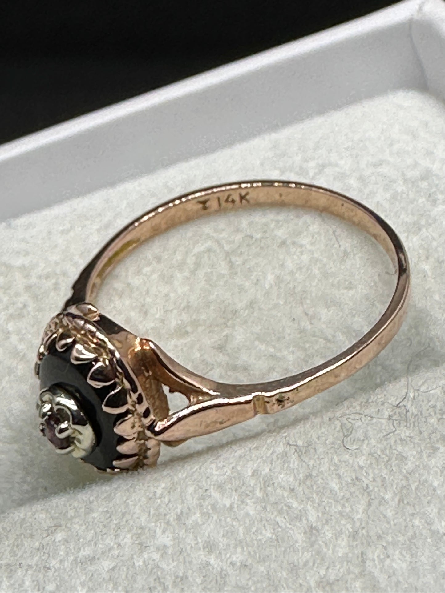 Antique Victorian Edwardian 14K Rose Gold Ornate Onyx & Ruby Mourning Ring Marked TZ or ZT Size 6