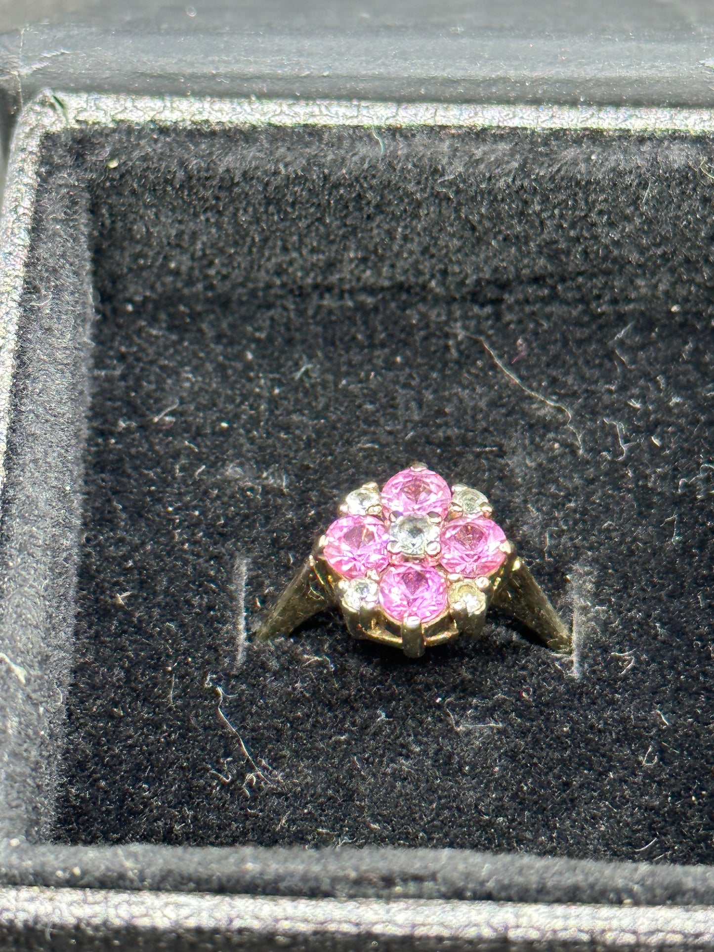 Antique 14K Yellow Gold Pink and White Sapphire Floral Cluster Ring