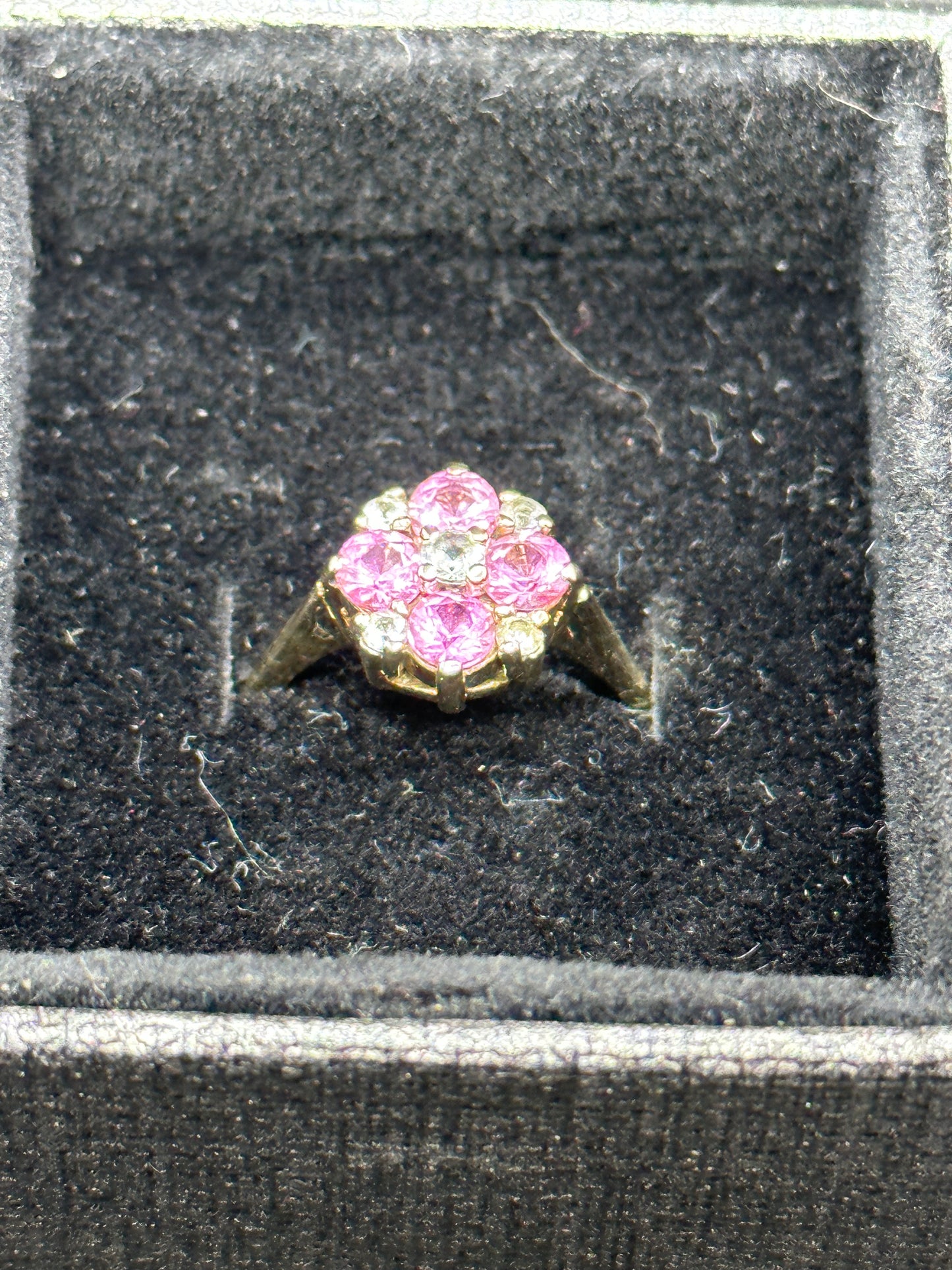 Antique 14K Yellow Gold Pink and White Sapphire Floral Cluster Ring