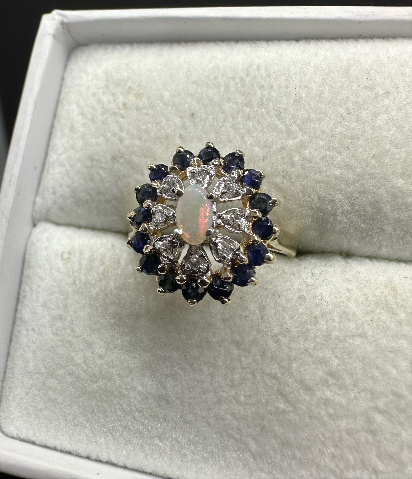 Antique Victorian 14K Yellow Gold Opal w/ Diamond and Sapphire Cluster Ring Marked