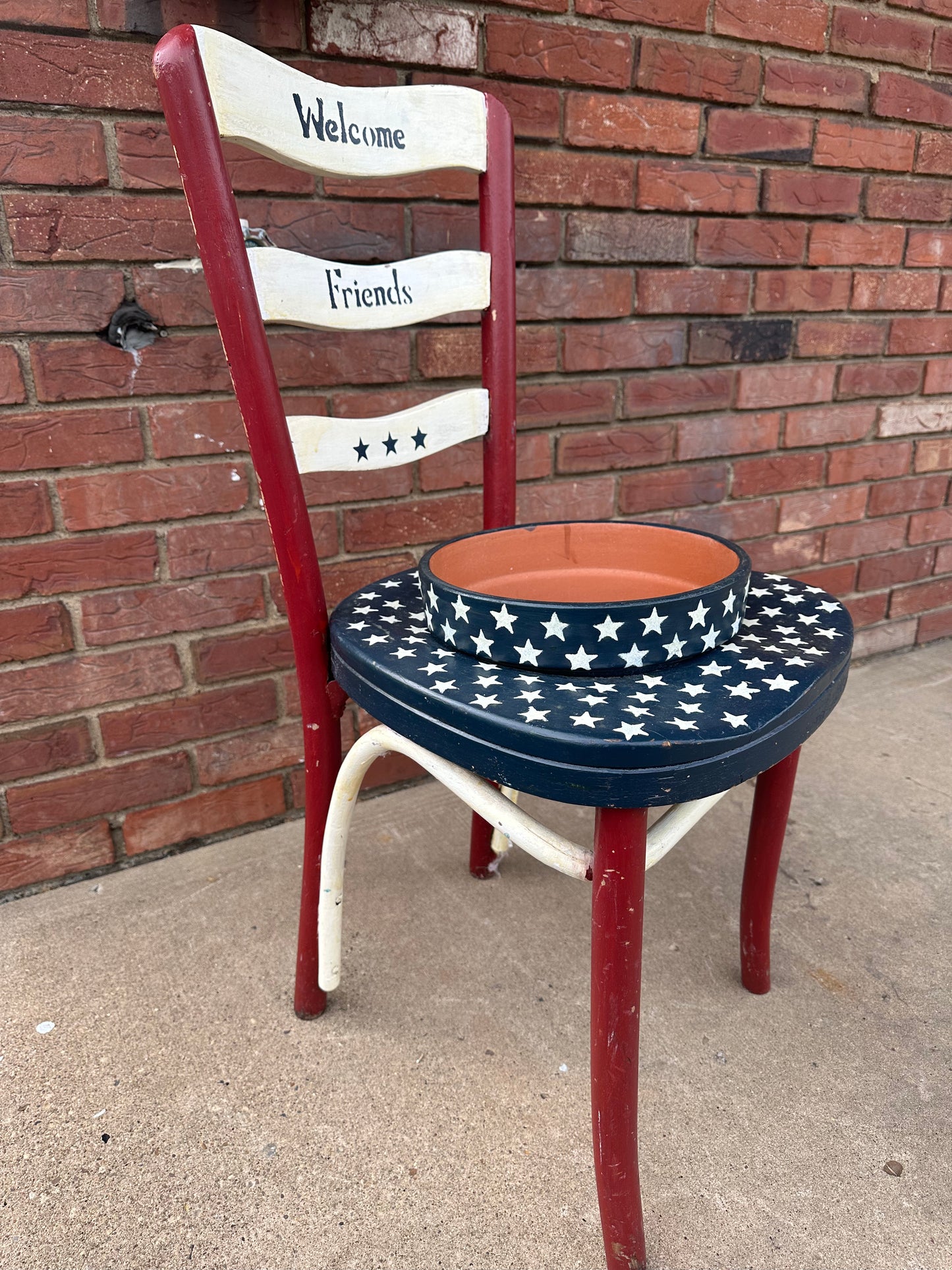 Hand-Painted Wooden American Flag Patriotic Chair Planter w/ Matching Pot