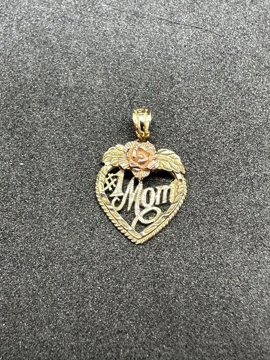 Vintage 14K Yellow Gold #1 Mom Heart Charm w/ Rose Gold 585 Rose Flower