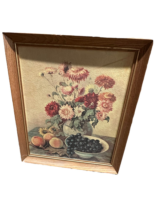 Vintage Wood Carved Frame With Print of Flower Vase & Fruits, Hank B Signed/ Artist Signed Prints/ Framed Art/ Kitchen Floral Fruit Art