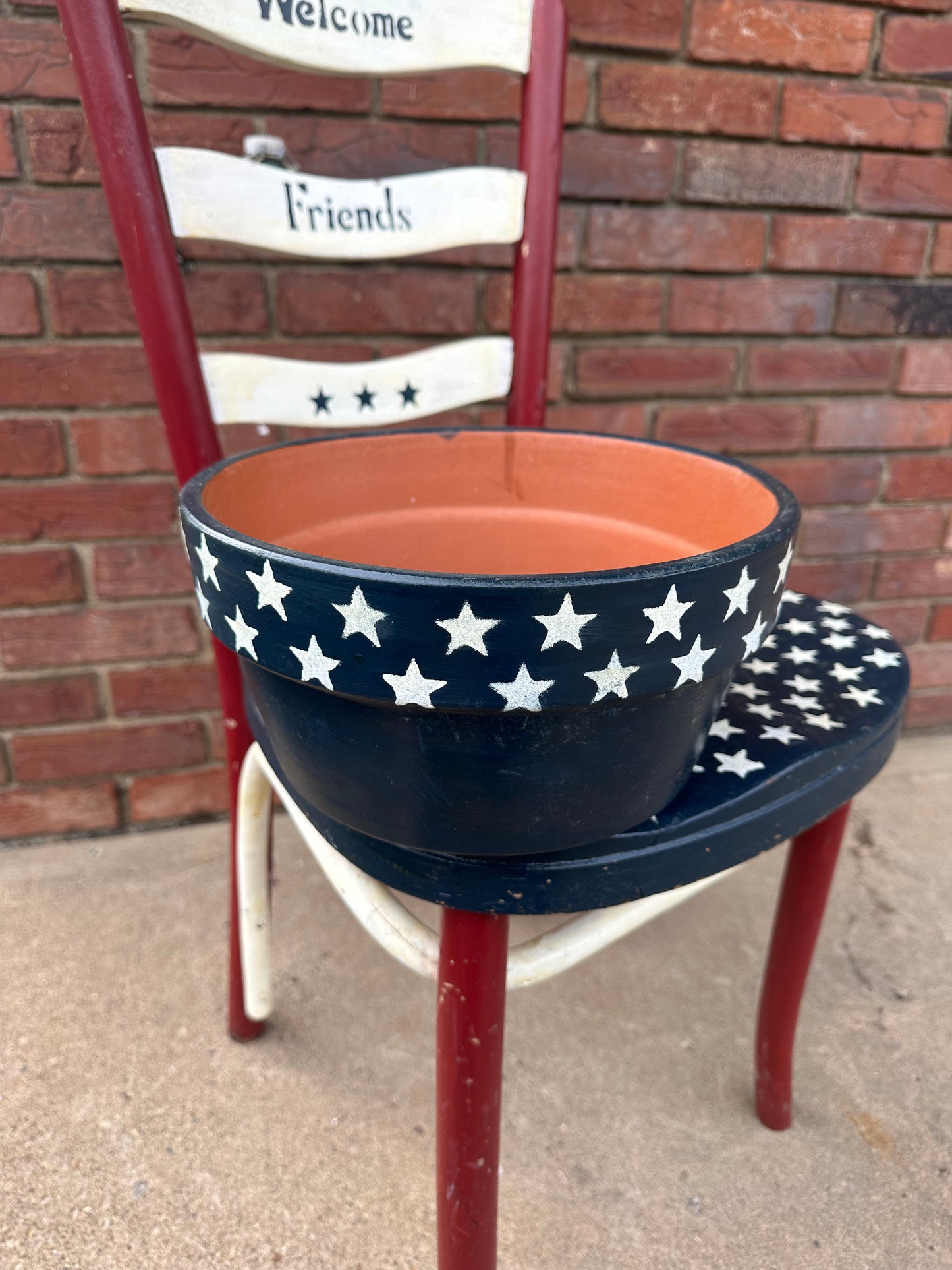 Hand-Painted Wooden American Flag Patriotic Chair Planter w/ Matching Pot
