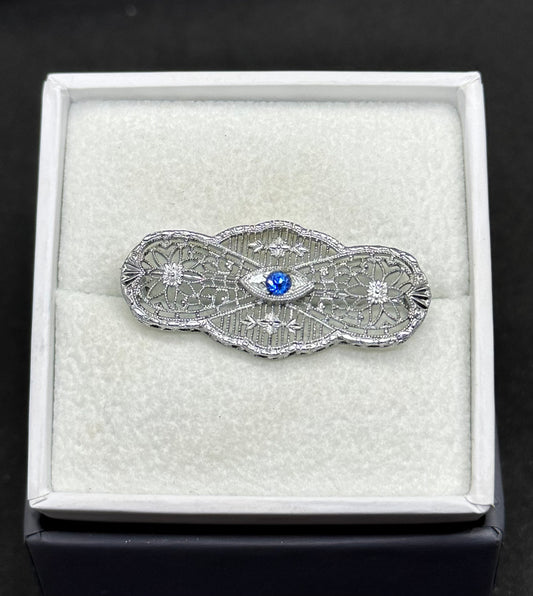 Antique Edwardian Art Deco Silver Rhodium Plated Filigree Blue Pin Brooch Marked JHP