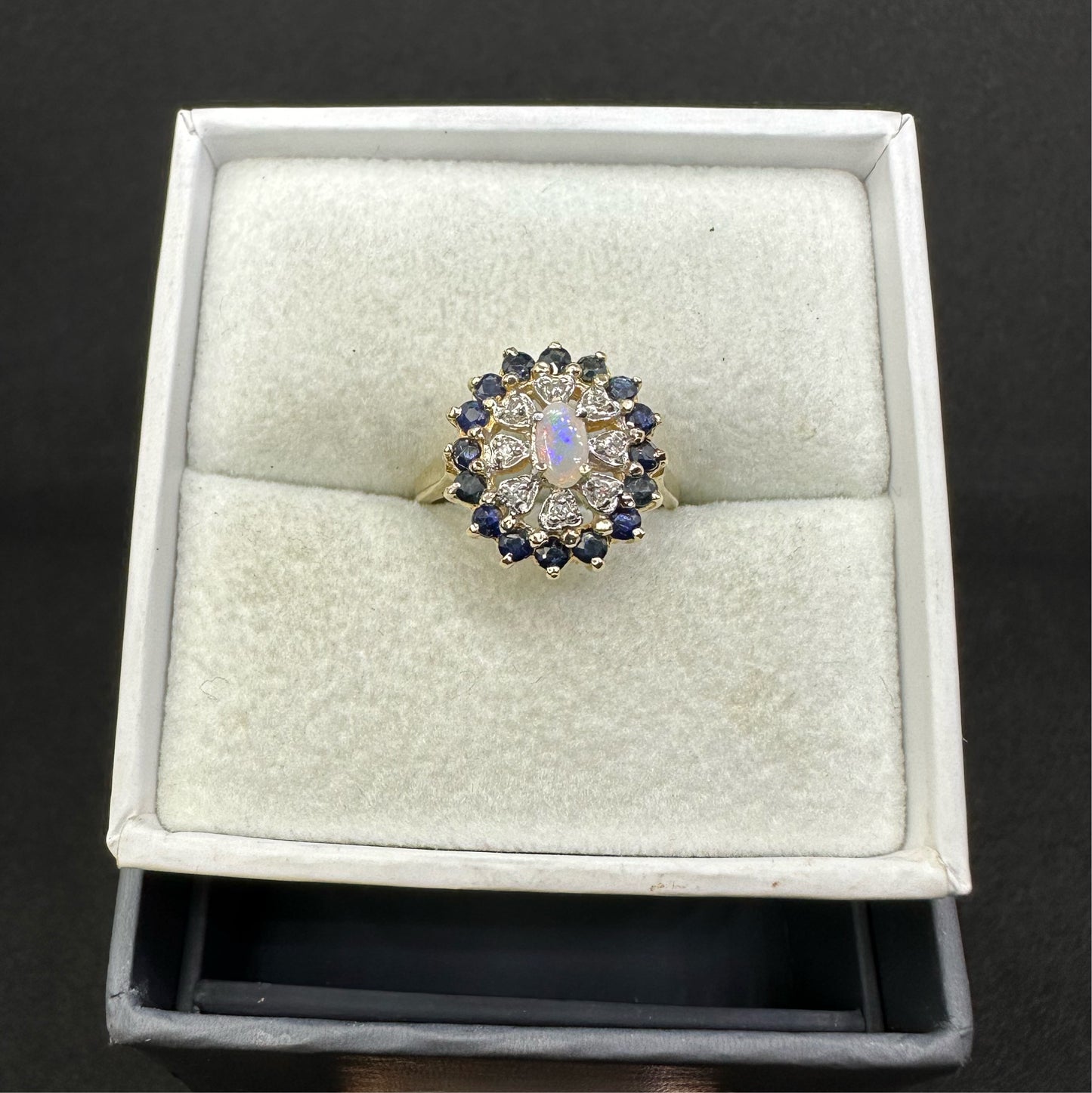 Antique Victorian 14K Yellow Gold Opal w/ Diamond and Sapphire Cluster Ring Marked