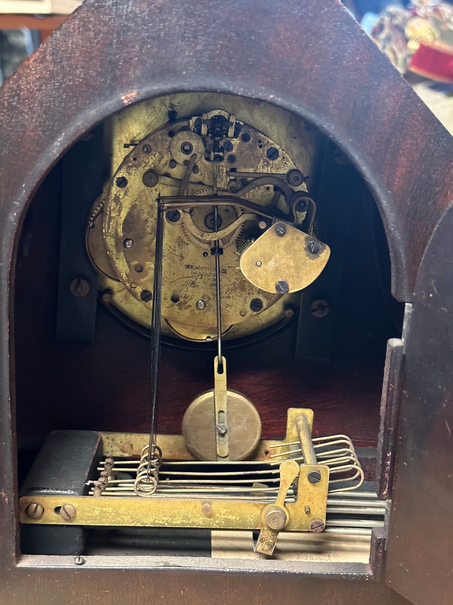 Antique, New Haven, Black, Mantel Clock, Mechanical, Key Wound, Tambor Model, 20 Inch, 1920's, WORKS