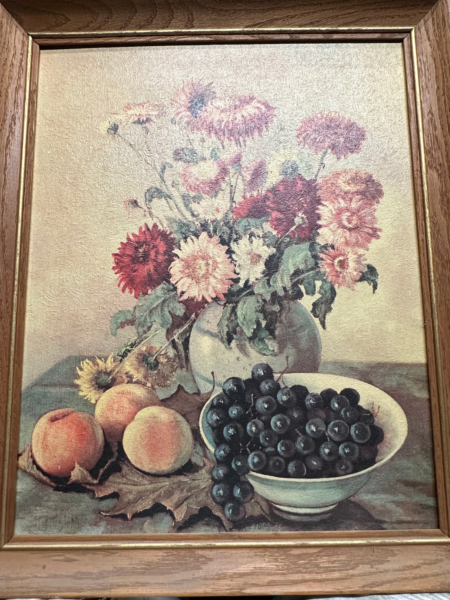 Vintage Wood Carved Frame With Print of Flower Vase & Fruits, Hank B Signed/ Artist Signed Prints/ Framed Art/ Kitchen Floral Fruit Art