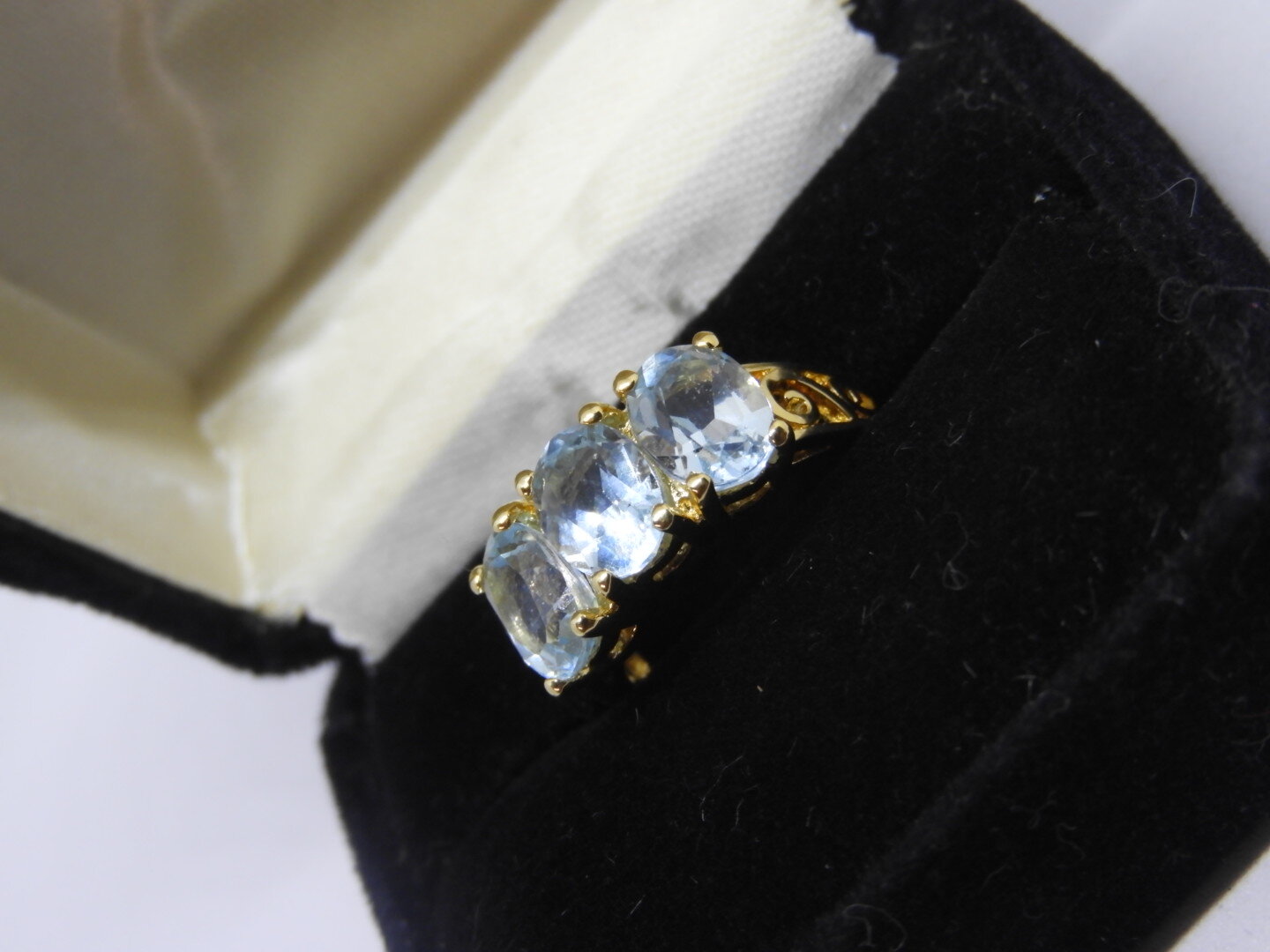 Vintage Handcrafted 14K Yellow Gold Three Stone Powder Blue Topaz Ring
