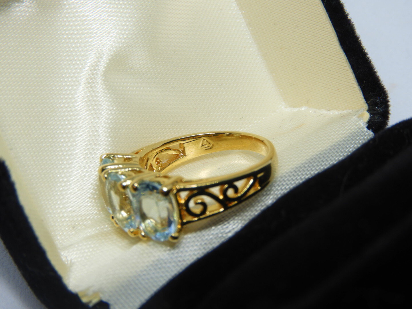Vintage Handcrafted 14K Yellow Gold Three Stone Powder Blue Topaz Ring