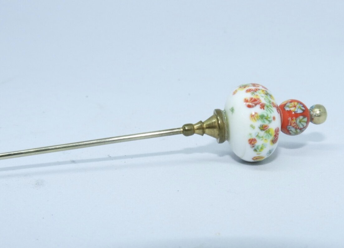 Antique Porcelain Red & White Floral Hat Pin