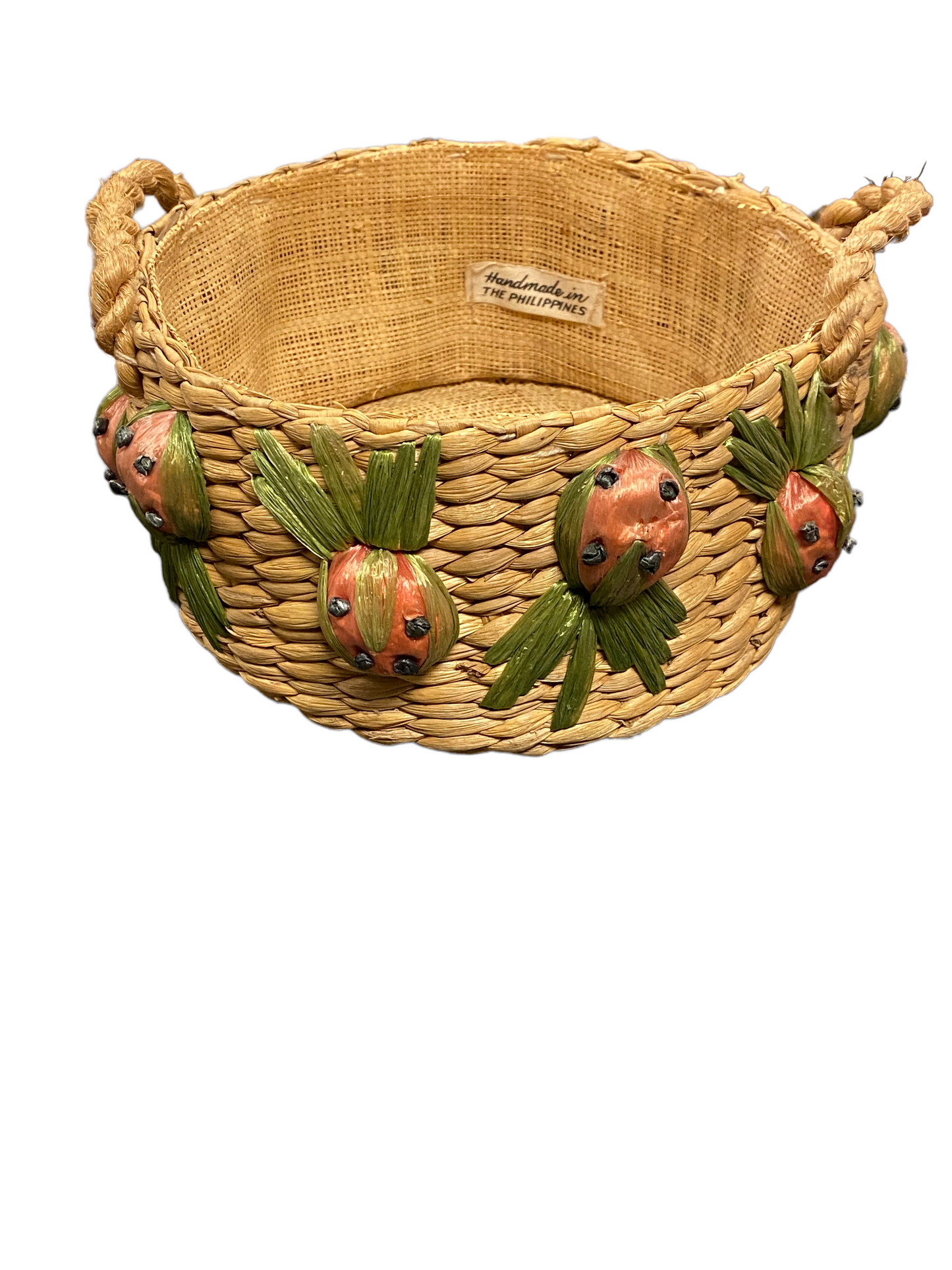 Raffia and linen basket with handles