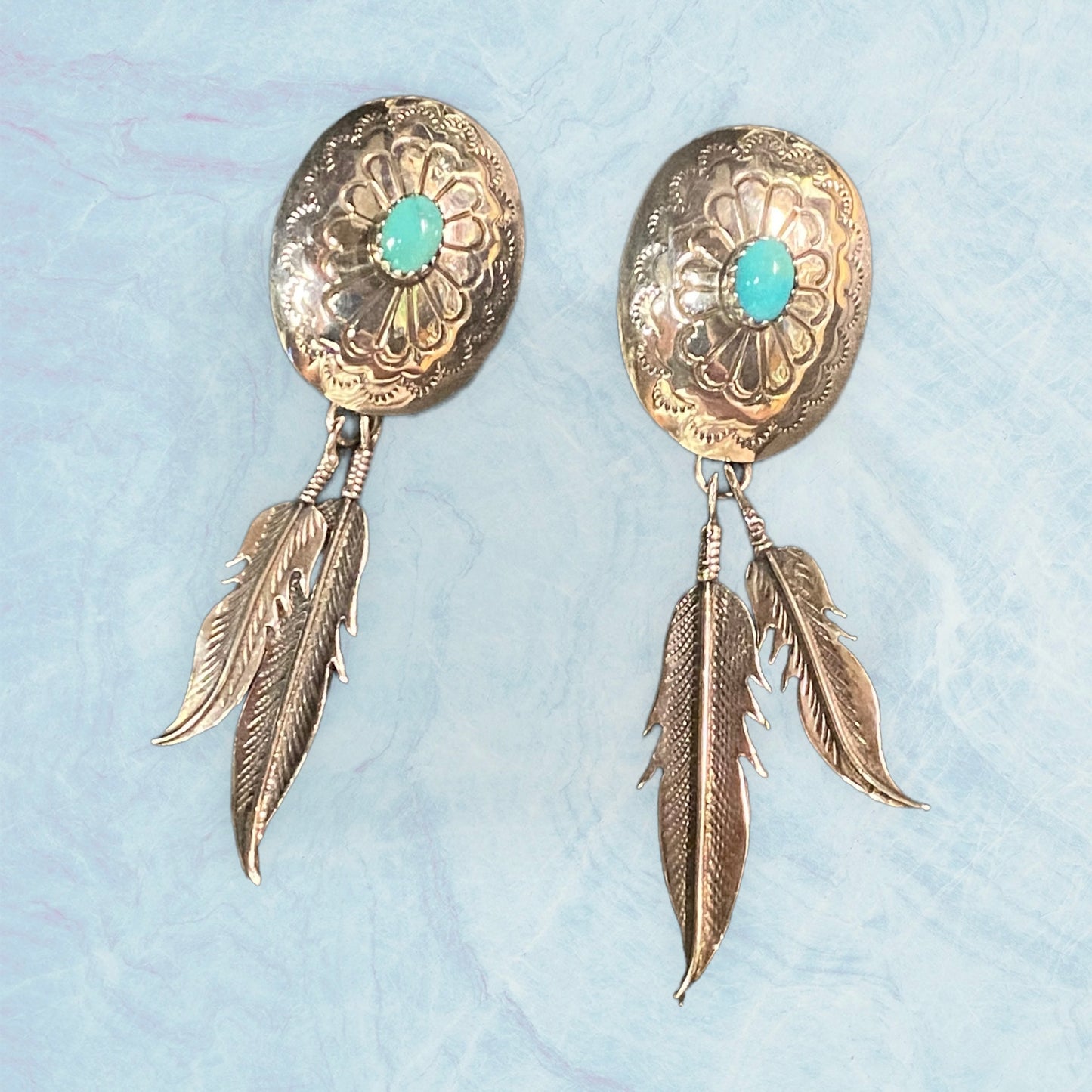 Vintage Native American Navajo Turquoise Sterling Silver Feather Concho Earrings