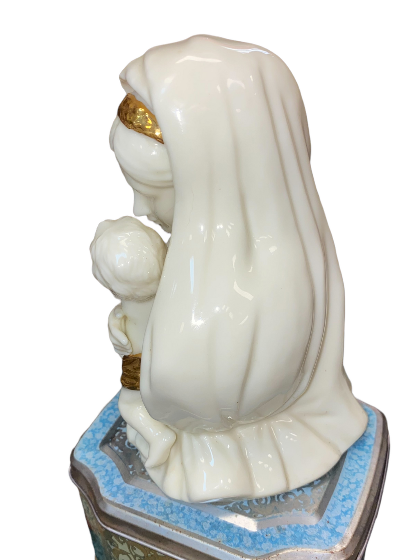 Vintage Lefton Porcelain Mary & Baby Jesus Musical Figurine w/ Gold Accents