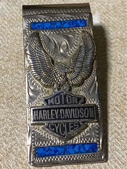 Vintage Harley Davidson Turquoise Sterling Silver Eagle Money Clip