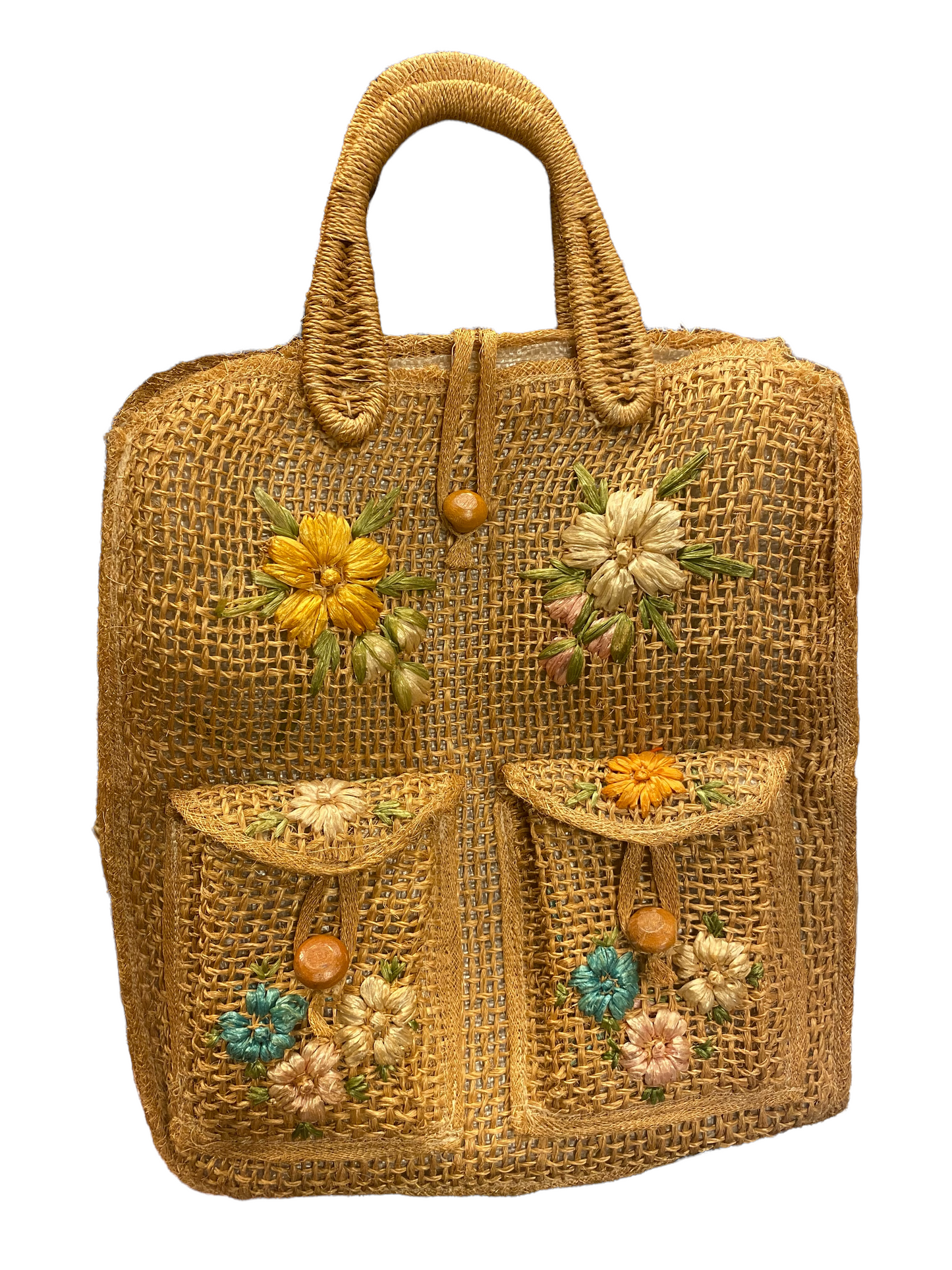 Vintage 1960s Rattan Floral Handbag Tote with Raffia Embroidery and Pockets Philippines