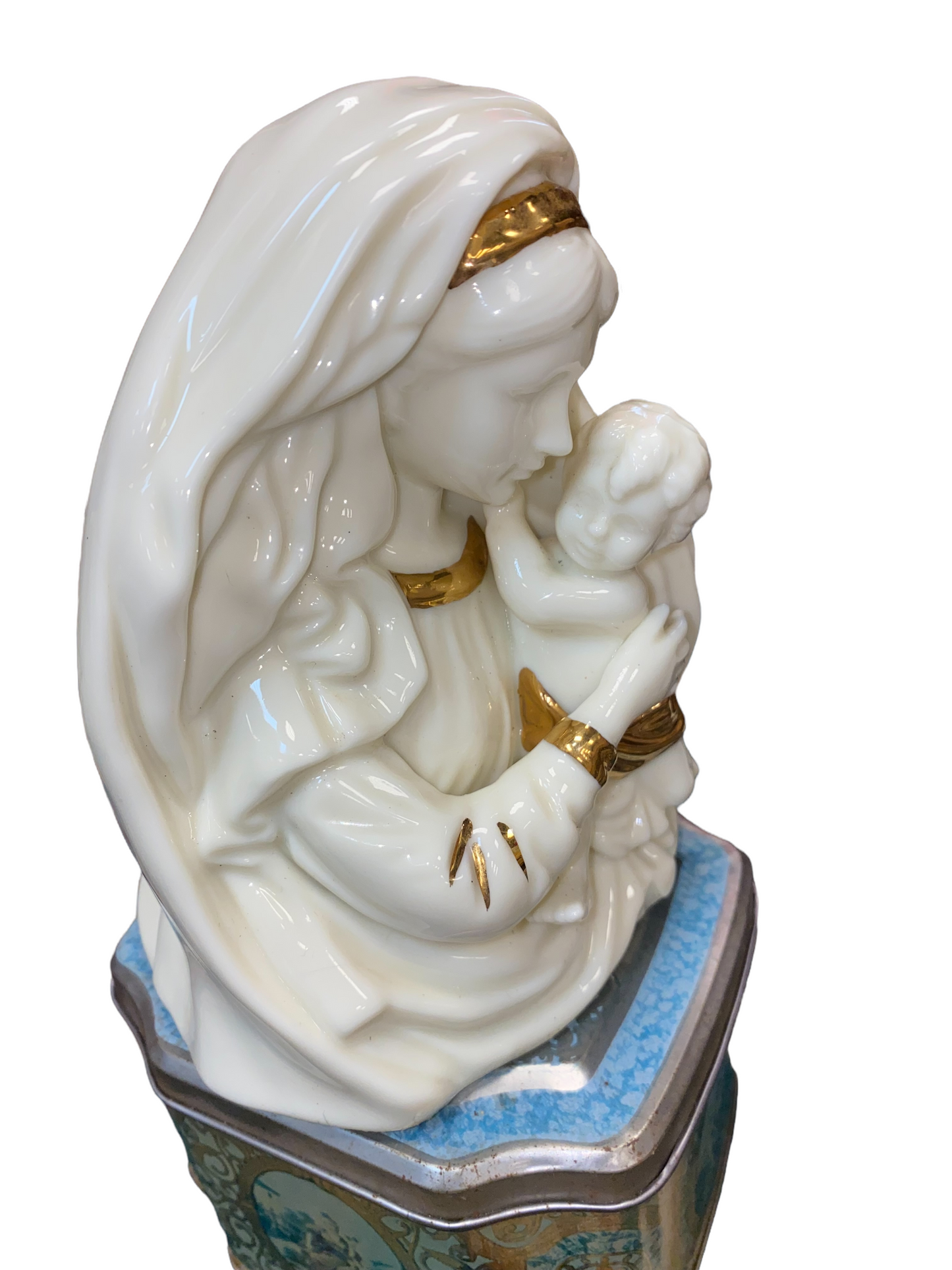 Vintage Lefton Porcelain Mary & Baby Jesus Musical Figurine w/ Gold Accents