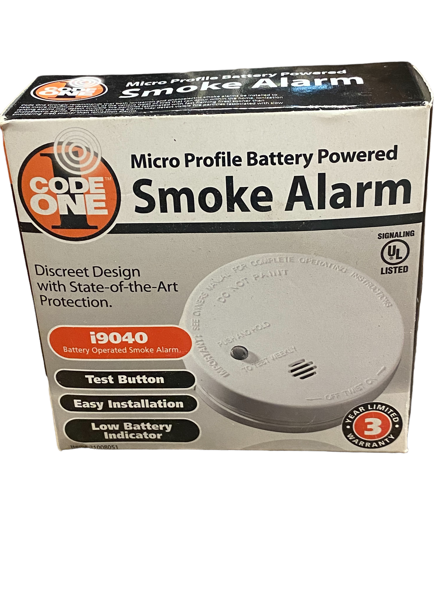 Code One Micro Profile 9V Battery Operated Smoke Fire Alarm i9040 85db Alarm Brand New in the box. 9V Battery Operated