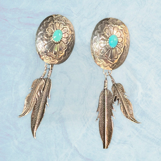 Vintage Native American Navajo Turquoise Sterling Silver Feather Concho Earrings