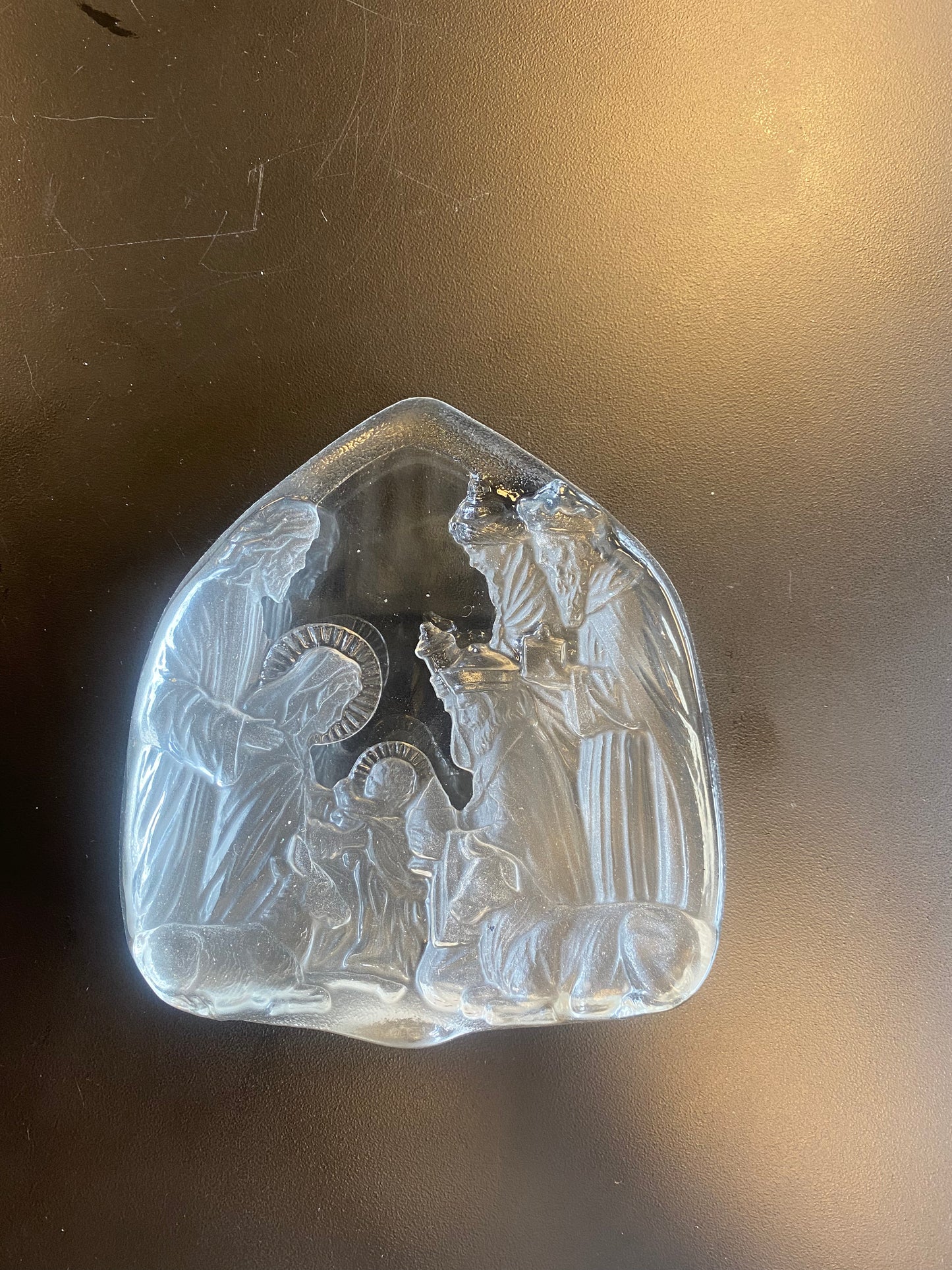 Art Glass Paperweight NATIVITY SCENE Carved on the Back.