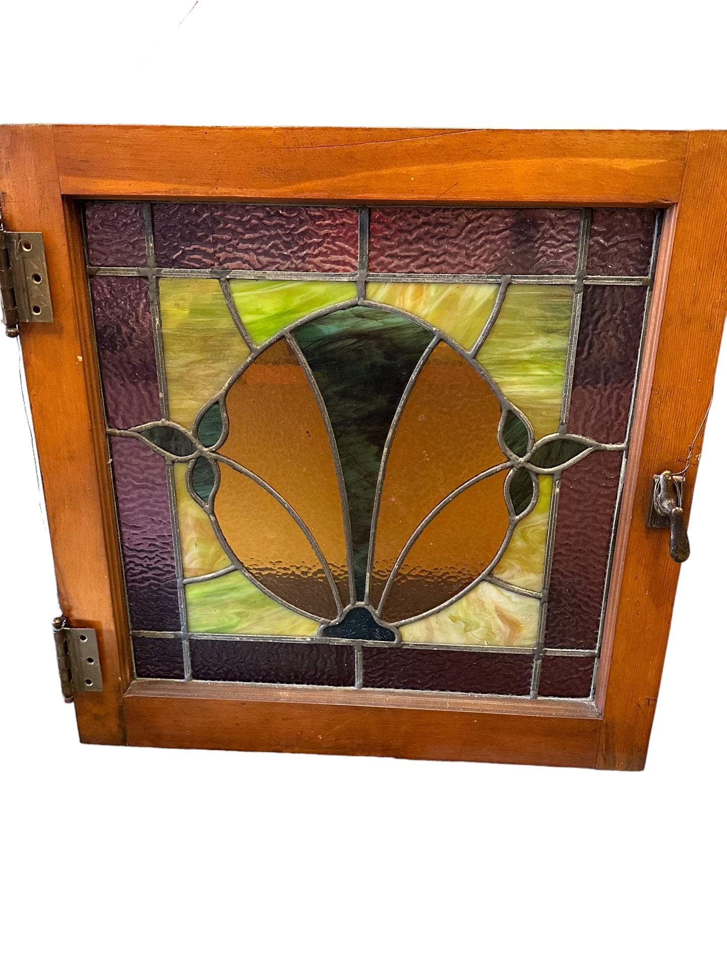 Antique Framed Art Nouveau Stained Glass Suncatcher Window w/ Original Hardware & Lock