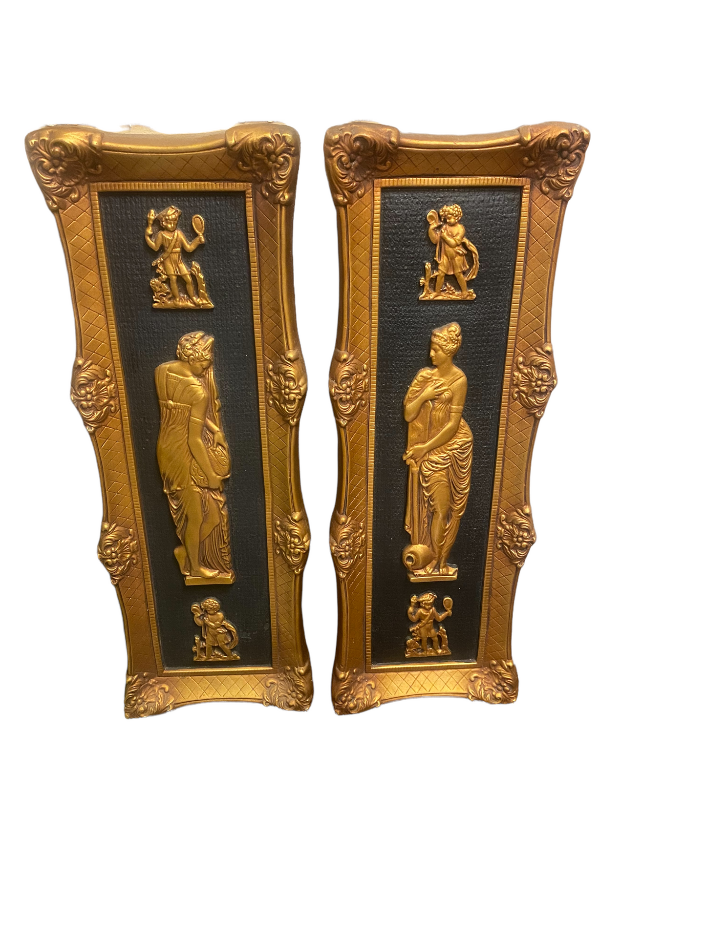 Antique Gilded Plaster Cast Bas Relief Wall Plaques Signed Greek Roman Figures 222925699519