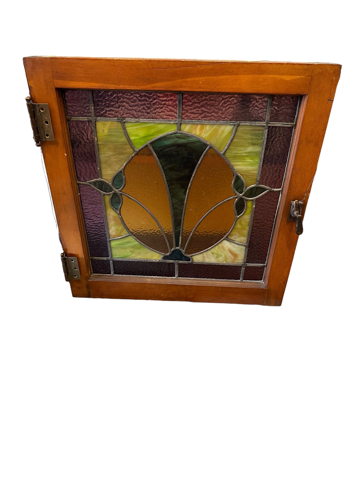 Antique Framed Art Nouveau Stained Glass Suncatcher Window w/ Original Hardware & Lock