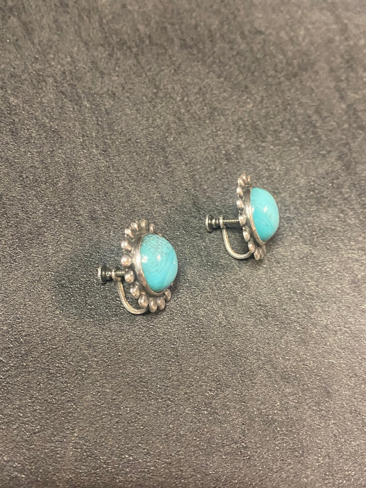 Vintage 925 Sterling Silver Natural Turquoise Flower Screw Back Stud Earrings