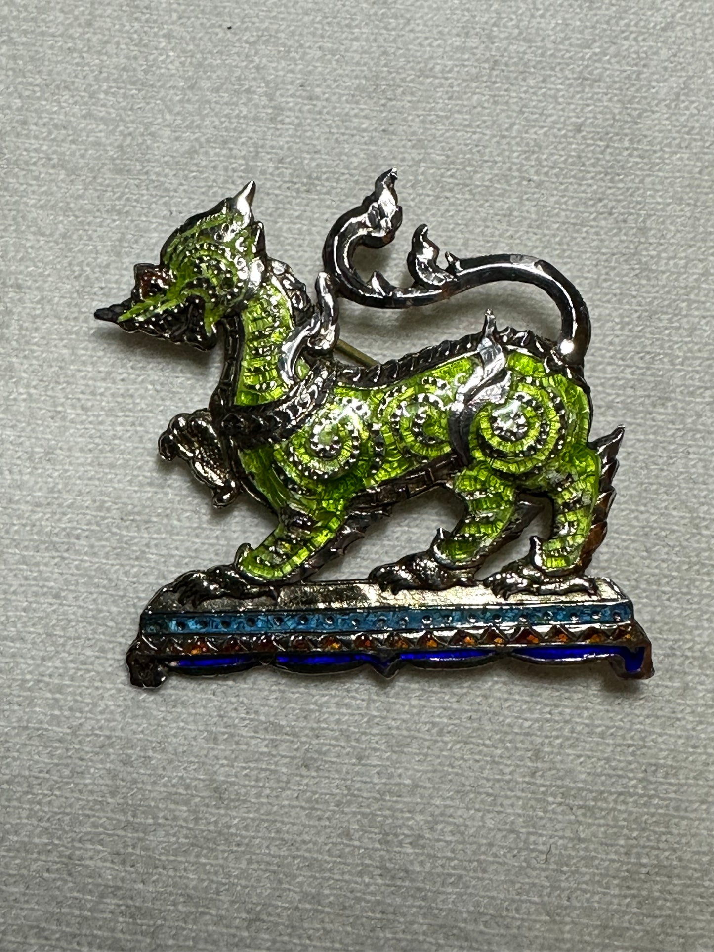 Vintage Niello Sterling Silver .925 Foo Dog Lion Enamel Brooch Pin