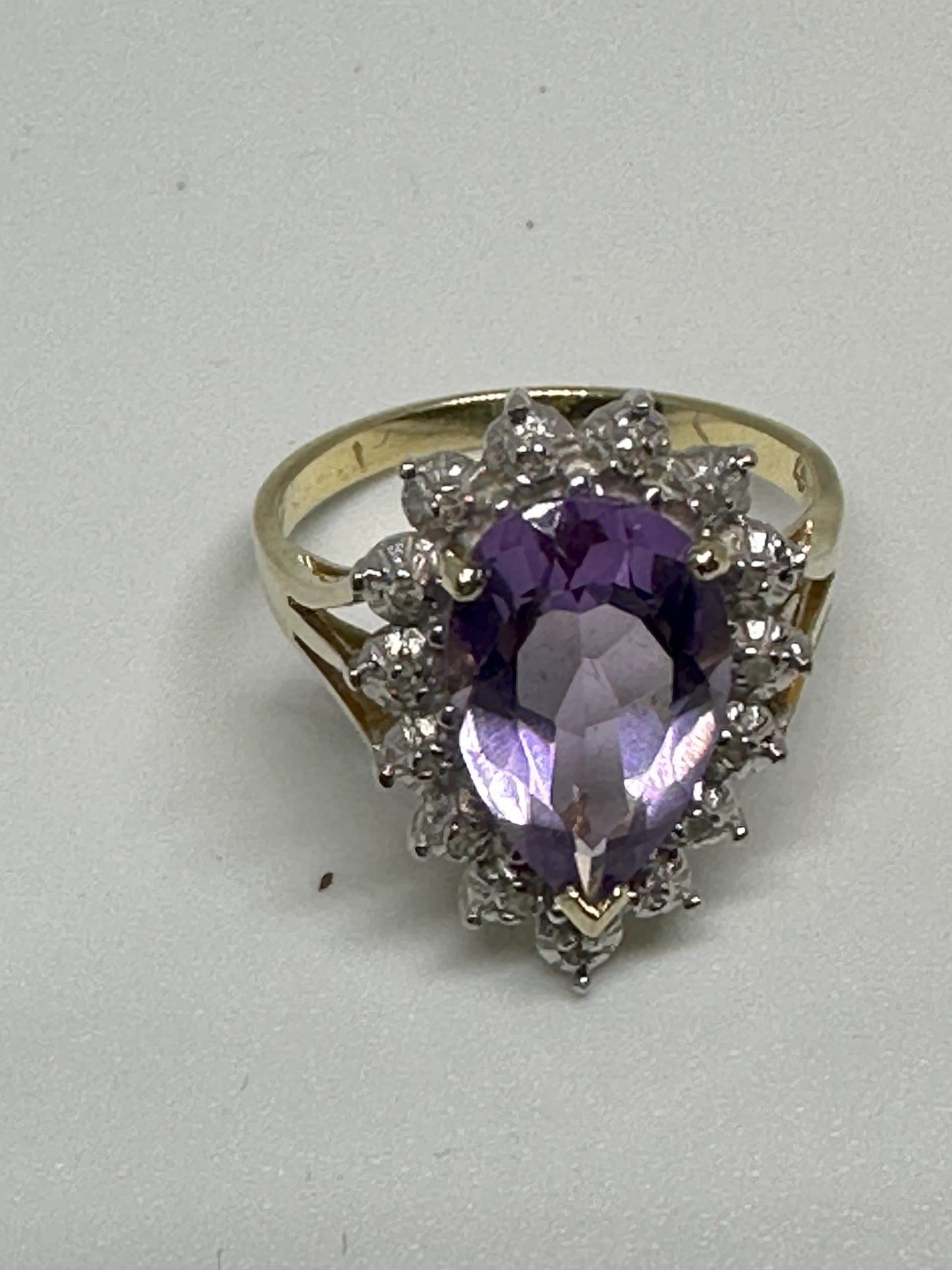 Vintage Pear Shaped Cut Amethyst 14K Yellow Gold Ring w/ 9K White Gold and Diamonds Surround